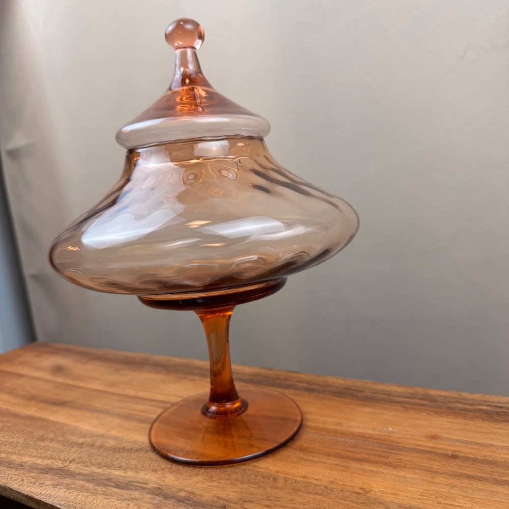 Vintage Peach Empoli Glass Apothecary Jar Pedestal Candy Dish with Lid Italy 10" - Picture 2 of 9